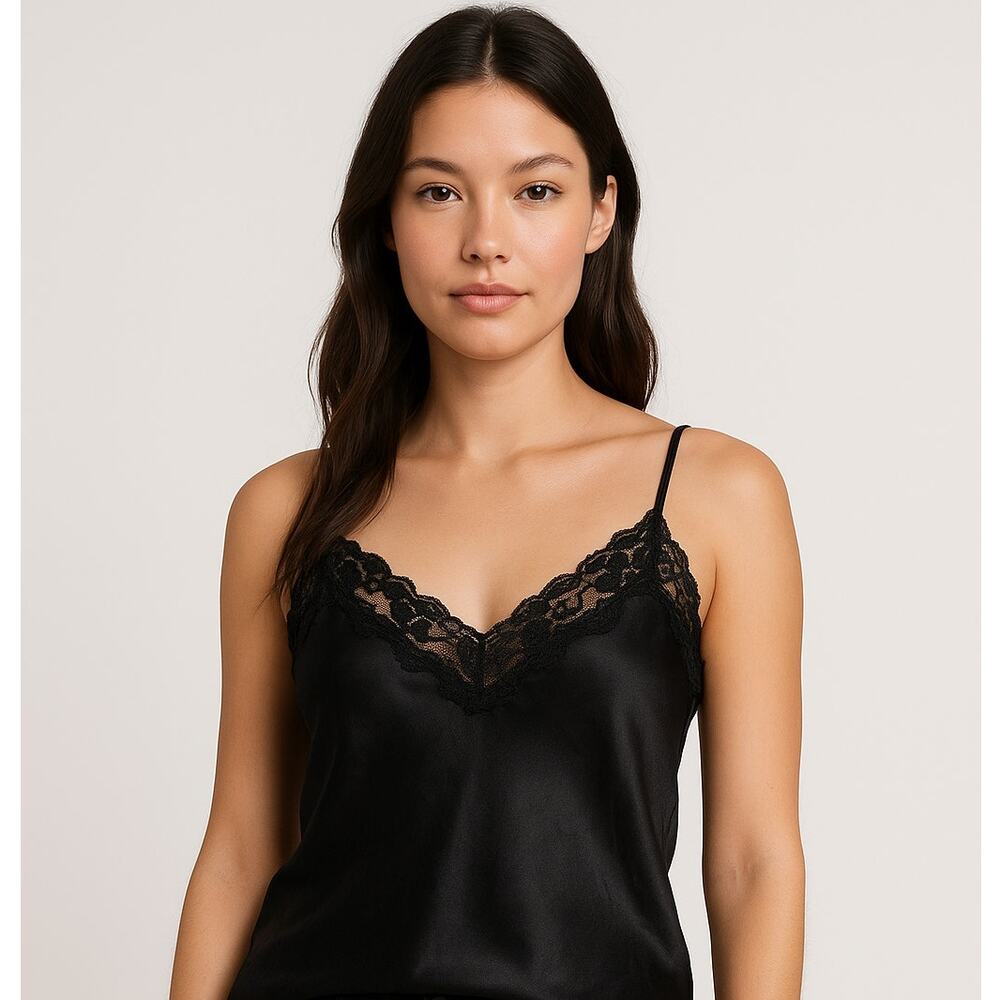 Victoria’s Secret Black Satin Lace Cami Top Women’s Medium Timeless Chic